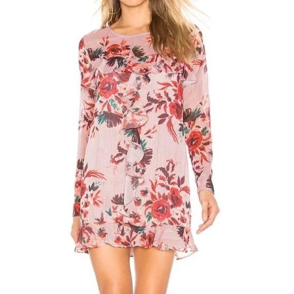 Lovers + Friends Bella Mini Dress in Holiday Floral Romantic Ruffle Roses Size L - Picture 1 of 7